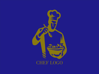 Cook, chef preparing a dish, logo design with blue background and yellow gold color image, restaurant and catering, design and vector illustration