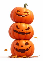A stack of three bright orange carved pumpkins with cheerful expressions isolated on white, symbolizing Halloween celebration, fun, and autumn festivity in a playful and decorative arrangement