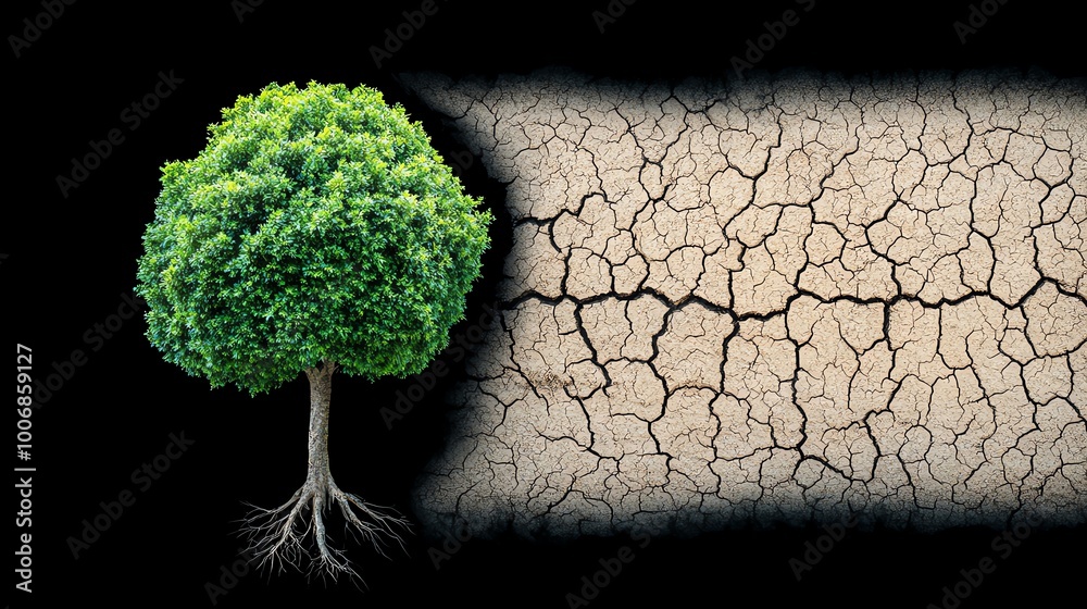 Wall mural green healthy tree with roots next to a cracked barren landscape, illustrating contrast between life