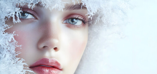 Close-up of a woman's face framed by frosty snowflakes, highlighting her blue eyes, pink lips, and cold winter beauty. Copy space