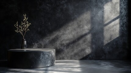 Obraz premium 3D background for the product. The studio with the table is empty. Black podium with dark concrete wall. Interior mockup with countertop and window shadow. 
