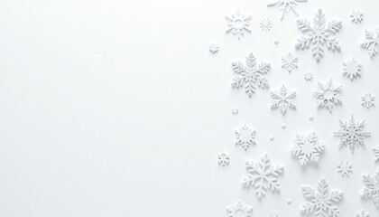 A festive winter scene with a white Christmas background featuring delicate snowflakes and icy decorations