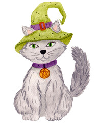 Watercolor illustration, cute cat with green hat isolated on white background. Fantasy character, witch familiar. For various Halloween products, cards, etc.