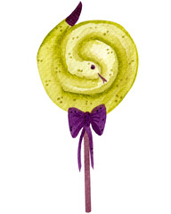 Watercolor illustration, candy in a snake form on a stick in halloween style isolated on a white background. For various products, cards, etc.