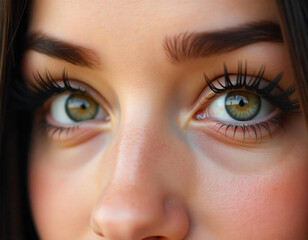 Obraz premium A close-up of a woman's eye with long eyelashes and a vibrant green iris