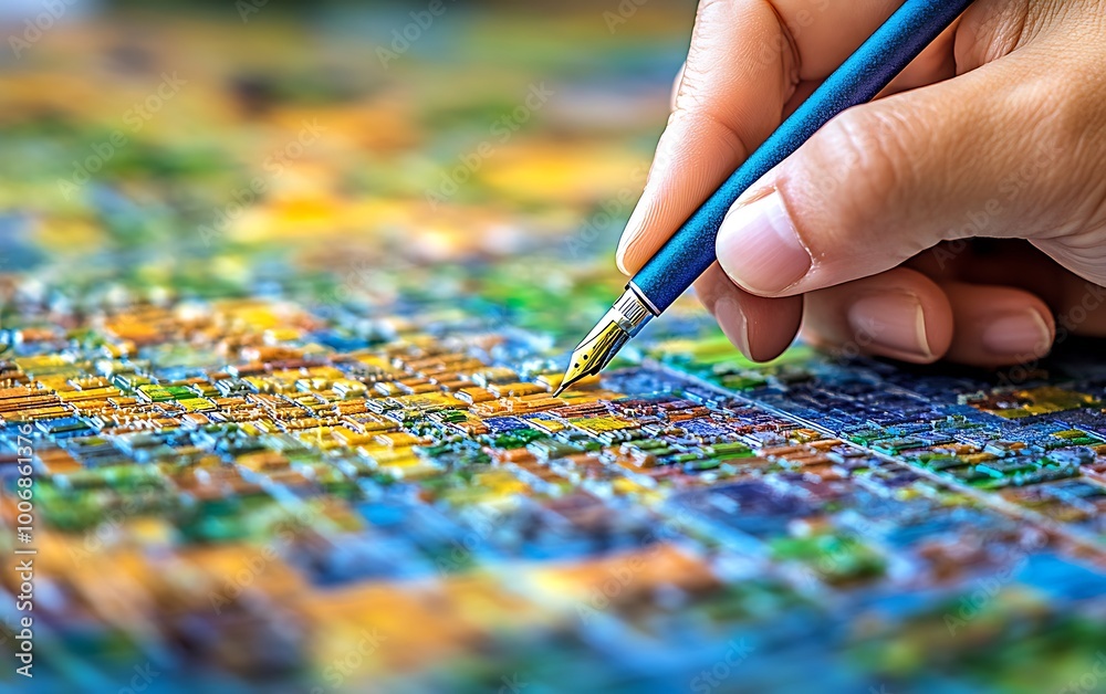 Poster engineer drawing on map to explain renewable energy locations
