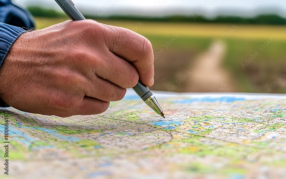 Poster engineer drawing on map to explain renewable energy locations