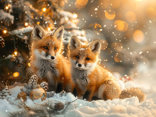 Cute little foxes are playing in snow near Christmas tree decorated with bright lights and toys. There is fluffy snow all around, snowflakes falling from sky, creating an atmosphere of winter magic.