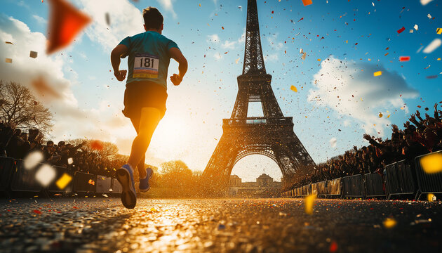 Runner Celebrates Victory Near Eiffel Tower in Paris Marathon