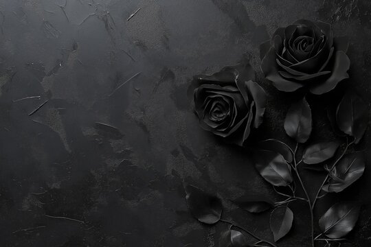 Artistic image featuring elegant black roses resting on a textured dark background, symbolizing mystery and beauty.