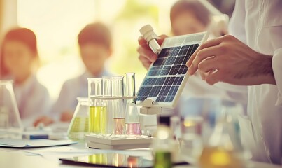 Engineer Adjusting Mini Solar Panel Model in Classroom