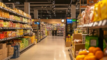 A spacious supermarket aisle features fully stocked shelves and digital price tags, emphasizing a modern retail environment with interactive kiosks for customer convenience