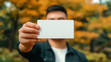 A young man holds out a blank white card, with a blurry background of fall foliage.