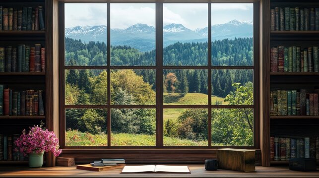 scenic bookshelf background interior home office library study window view of trees and hills backdrop. Rustic wood bookshelves in cozy room. Virtual online presentation teams meeting room background