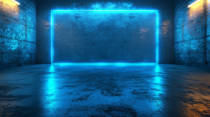 Obraz premium futuristic empty room featuring illuminated blue neon lights creates striking atmosphere. textured walls and polished floor enhance modern aesthetic, perfect for various creative uses