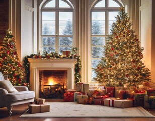A cozy holiday scene with two decorated Christmas trees, a glowing fireplace, and wrapped gifts