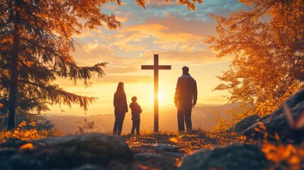 silhouette of family looking for the cross of jesus christ on autumn sunrise background easter sunday concept.
