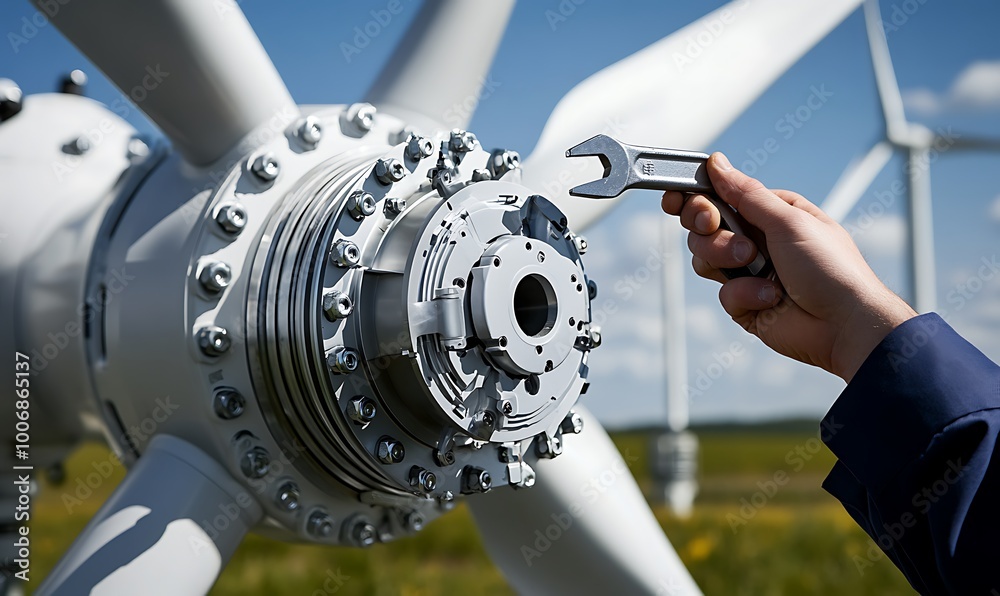 Poster engineer holding wind turbine component while farmer secures it