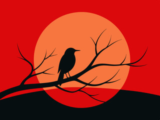 Minimalist Bird Silhouette with Red Sun and Water Reflection