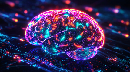 Futuristic digital illustration of human brain with vibrant neon colors, showcasing intricate patterns and connections, symbolizing advanced technology and intelligence