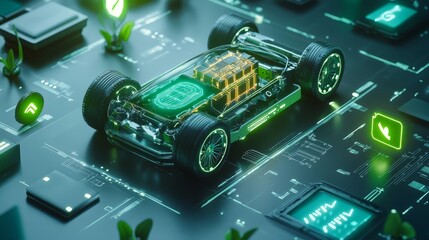Fototapeta premium Futuristic Transparent Electric Car with Green Technology and Circuit Board Background
