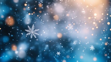 Obraz premium Winter Blurred Background with Snowflakes Soft Bokeh Lights