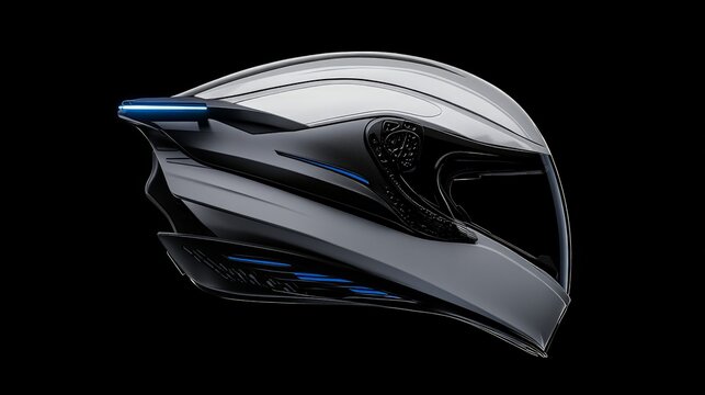 Silver and Blue Motorcycle Helmet: A sleek and modern motorcycle helmet in silver with blue accents, showcasing its aerodynamic design and protective features. - Powered by Adobe