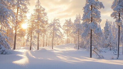 Winter forest with sun rays shining