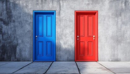 Blue Door Red Door on a Textured Blue Wall Representing Choice Concept