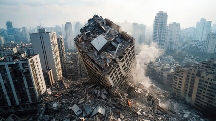 Earthquake toppling skyscrapers in a densely populated city, leaving rubble and chaos behind   urban earthquake destruction, disaster aftermath