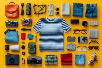 Fototapeta premium Vibrant Flat Lay of Casual Fashion Items with Retro and Accessories