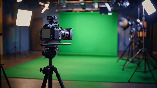 professional photography setup featuring camera on tripod, surrounded by studio lights and vibrant green screen backdrop. This setup is ideal for creating dynamic visual content