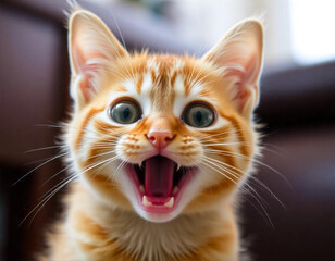 A close-up portrait of a young orange tabby cat with wide open eyes and an open mouth, appearing surprised or excited