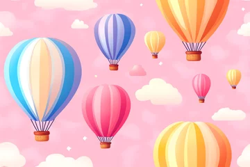 Colorful hot air balloons floating in a pink sky with soft clouds.
