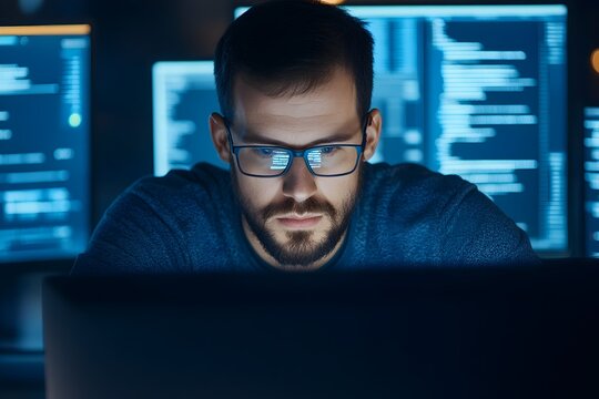Closeup of a focused cybersecurity analyst intensely monitoring a computer screen in a sleek modern office setting  They are using a keyboard and mouse
