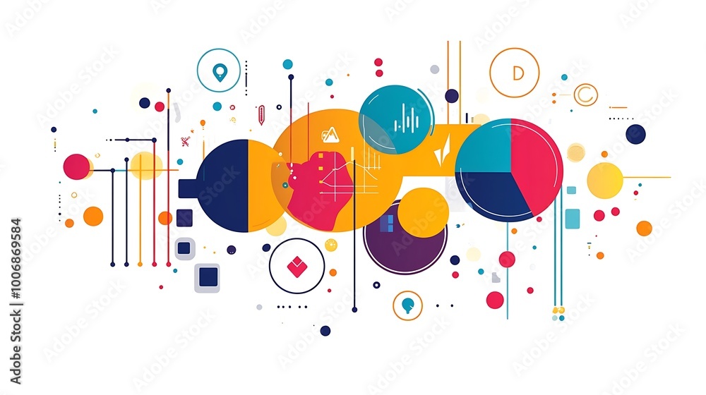 Poster Abstract geometric shapes with lines and dots in bright colors on a white background.
