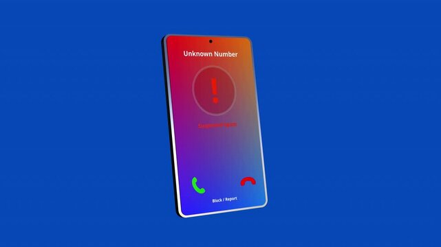 3D animation of a generic smartphone displaying an incoming call labeled as 'Unknown Caller' and 'Suspected Spam,' highlighting the concept of scam and spam issues