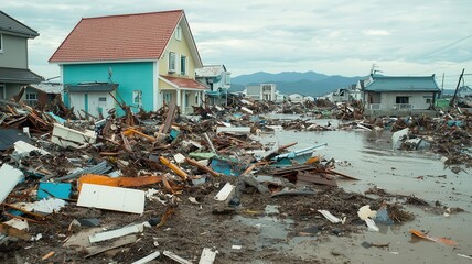Flooded coastal town after a tsunami, with debris scattered across the landscape   tsunami damage, coastal flooding