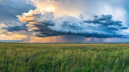 Storm clouds forming over green field