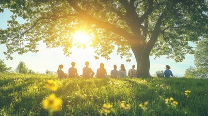 A psychologist leading a discussion on mindfulness-based stress reduction techniques. Group of people enjoying nature under a tree on the grassy landscape no a sunny day