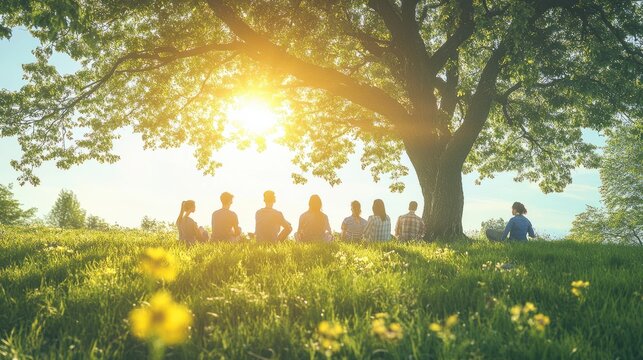 A psychologist leading a discussion on mindfulness-based stress reduction techniques. Group of people enjoying nature under a tree on the grassy landscape no a sunny day