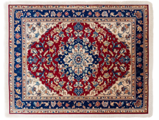 Classic Persian floor rug with an intricate floral pattern and rich red blue and gold colors