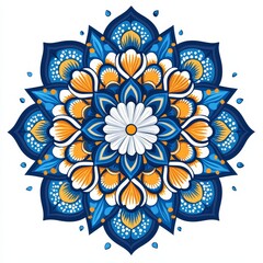 A vibrant floral mandala design featuring intricate patterns in blue, orange, and white, symbolizing harmony and beauty.