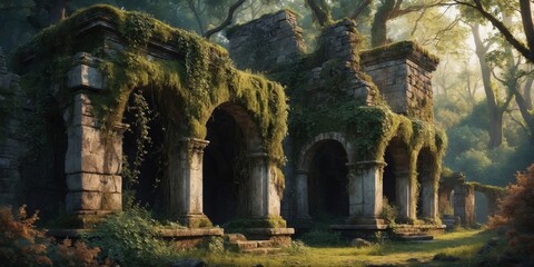 Fototapeta premium Mossy ancient ruins left deep in the forest for a long time.