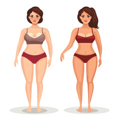 A fat and a slim woman, A slim woman and a fat woman wearing black underwear. Front view. Healthy and unhealthy lifestyle. Vector illustration in flat style
