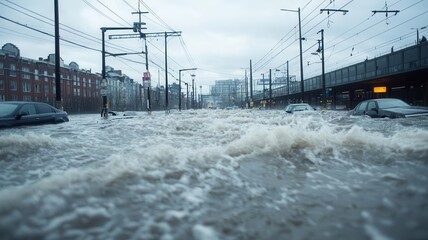 Obraz premium Floodwaters rushing through a city, washing away cars and flooding subway stations urban flooding, infrastructure damage