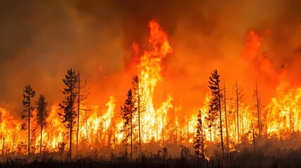 Fototapeta premium Forest fire raging through dry woodlands, with firefighters battling the flames wildfire, environmental disaster