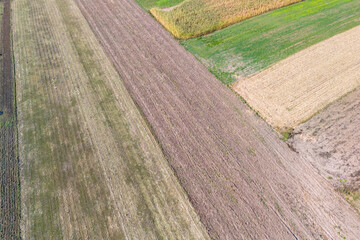 Aerial view of diverse farmland with varying crop patterns and colors, showcasing agricultural textures and natural landscape