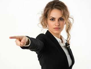 Fototapeta premium Serious Business Woman Pointing Forward with Authority, Professional in Black Suit on White Background, Leadership and Corporate Success Concept