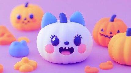 Cute cartoon-style pumpkin character with blue ears and happy expression.